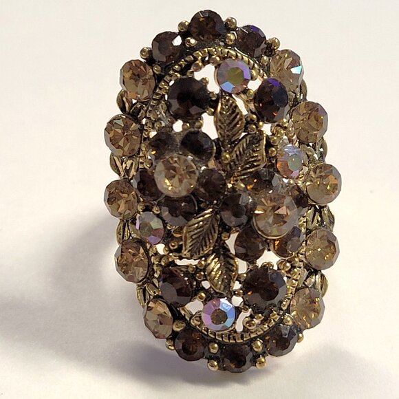 Amber Rhinestone Cocktail Ring ADJUSTABLE Band Brown rhinestone Fashion Ring - Picture 2 of 7